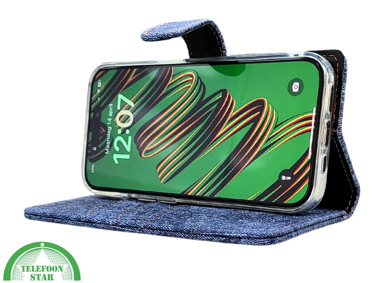 iPhone 15 Pro Max Jeans Look Hoesje &ndash; Stoere Bookcase met Pasjeshouder | Telefoonstar