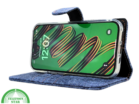iPhone 15 Pro Max Jeans Look Hoesje &ndash; Stoere Bookcase met Pasjeshouder | Telefoonstar