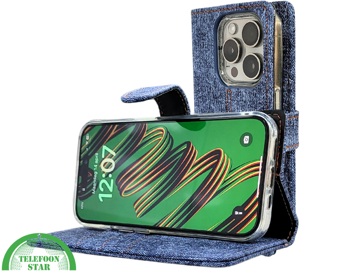 iPhone 15 Pro Max Jeans Look Hoesje &ndash; Stoere Bookcase met Pasjeshouder | Telefoonstar