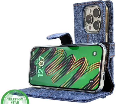 iPhone 15 Pro Max Jeans Look Hoesje &ndash; Stoere Bookcase met Pasjeshouder | Telefoonstar