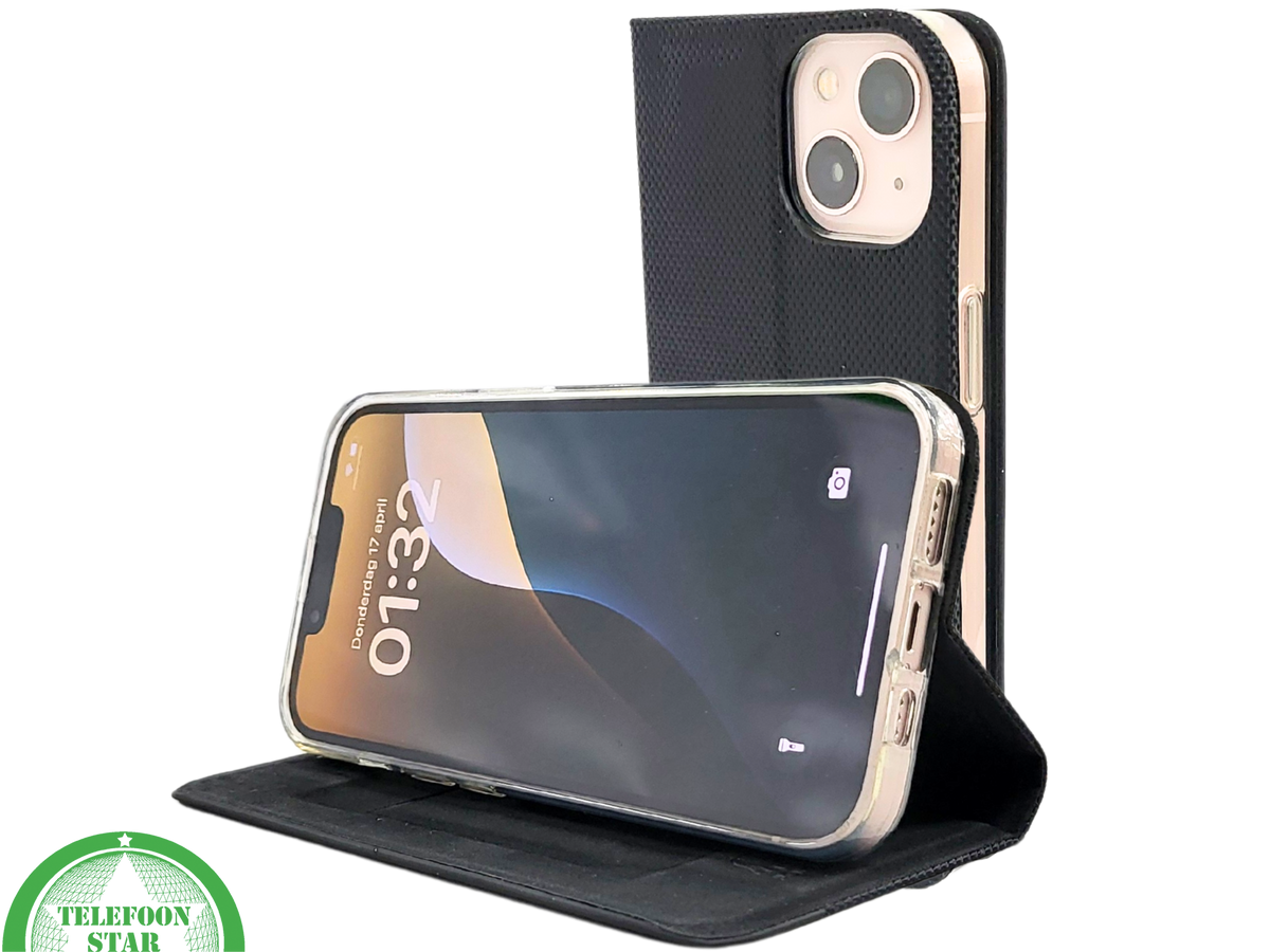 Zwart Bookcase Hoesje iPhone 13 / 14 &ndash; Met Structuur en Pasjeshouder | &euro;14,95
