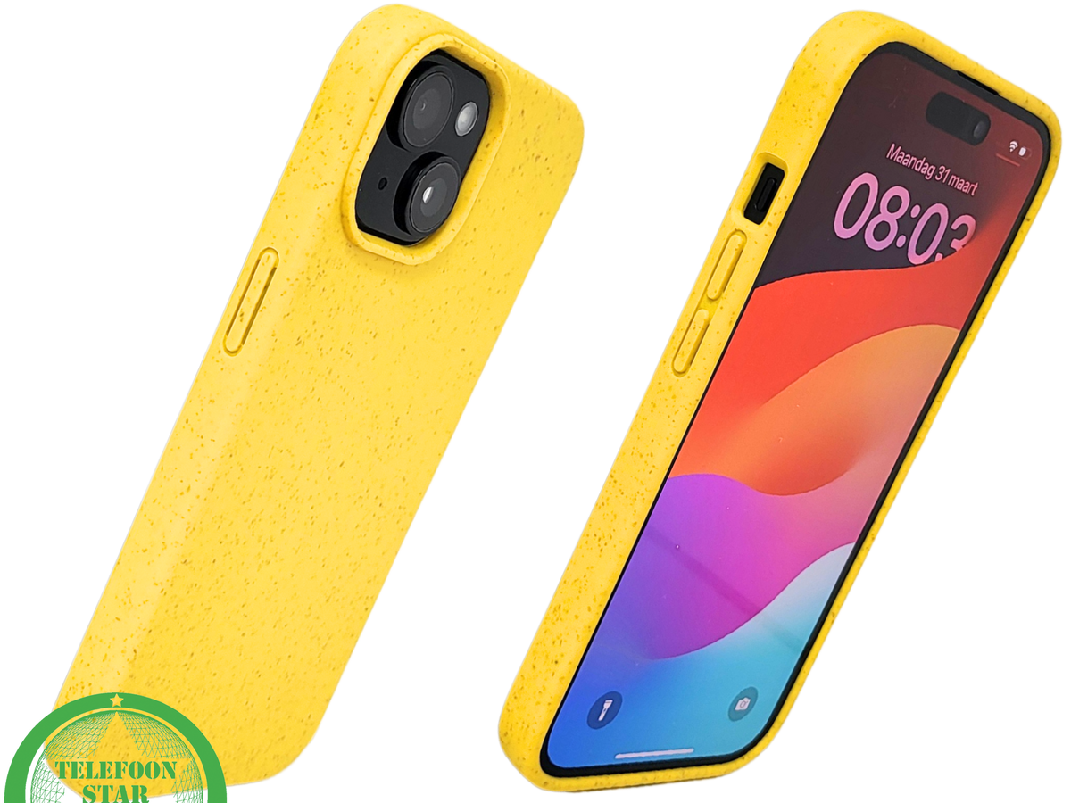 iPhone 15 Hoesje &ndash; Geel met Spikkelstructuur | Fris, Duurzaam &amp; Beschermend