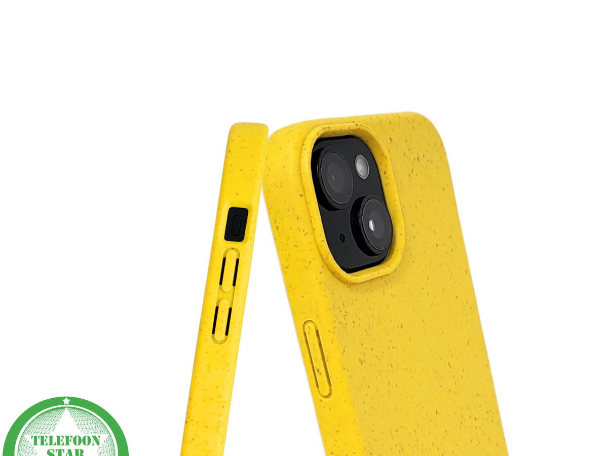 iPhone 15 Hoesje &ndash; Geel met Spikkelstructuur | Fris, Duurzaam &amp; Beschermend