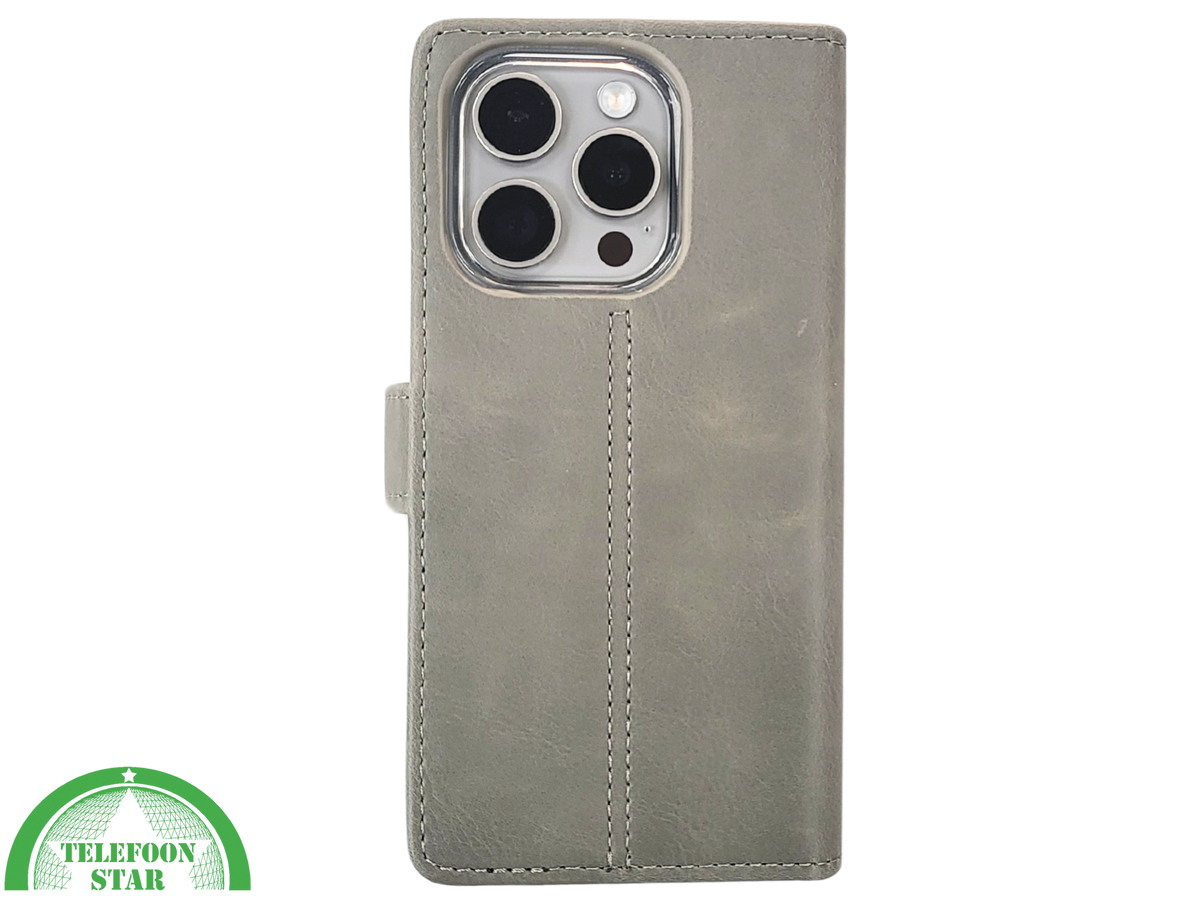 iPhone 15 Pro Max Hoesje Grijs &ndash; Elegant Bookcase met Pasjeshouder | Telefoonstar