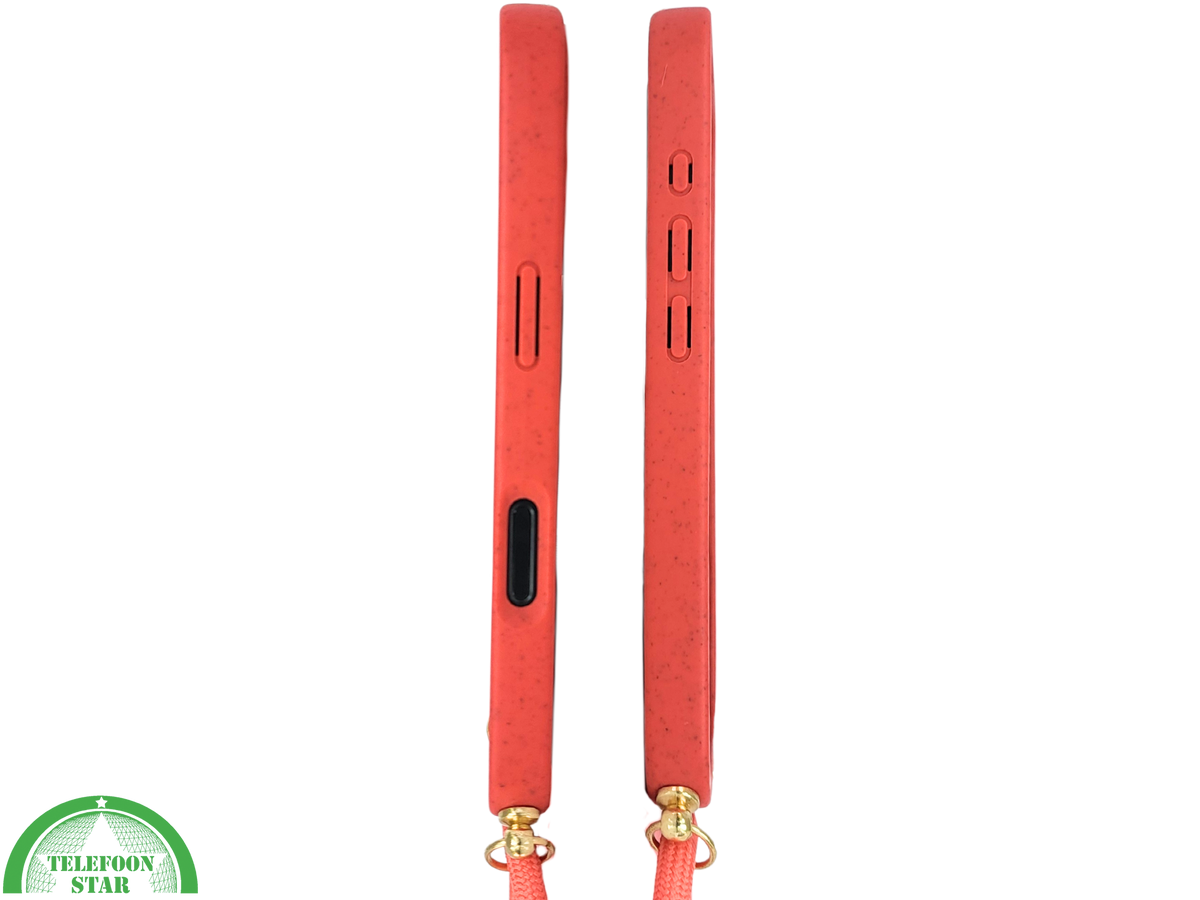 Koraalrood Koord Hoesje &ndash; Biologisch Afbreekbare Crossbody Case Met Verstelbare Draagkoord voor iPhone 16 Pro