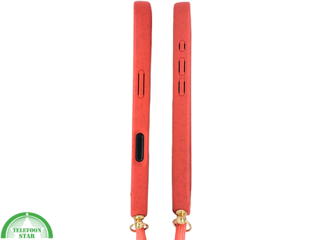 Koraalrood Koord Hoesje &ndash; Biologisch Afbreekbare Crossbody Case Met Verstelbare Draagkoord voor iPhone 16 Pro