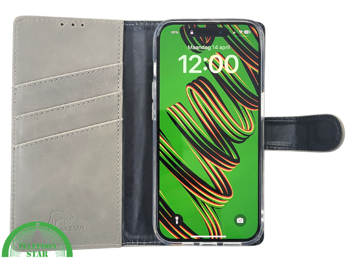 iPhone 15 Pro Hoesje Grijs &ndash; Elegant Bookcase met Pasjeshouder | Telefoonstar