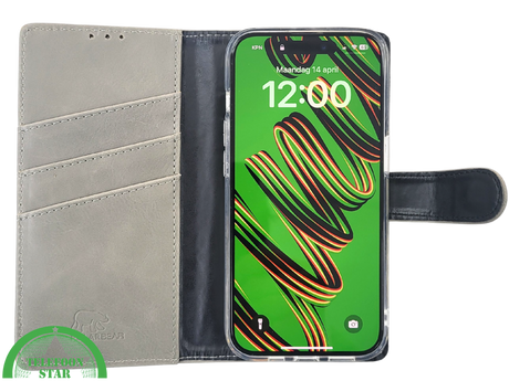iPhone 15 Pro Hoesje Grijs &ndash; Elegant Bookcase met Pasjeshouder | Telefoonstar