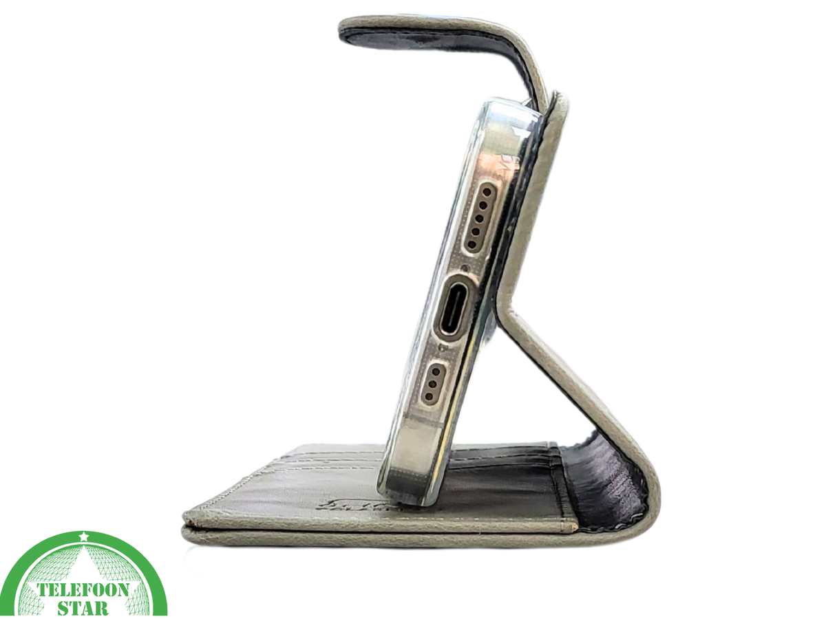 iPhone 15 Pro Hoesje Grijs &ndash; Elegant Bookcase met Pasjeshouder | Telefoonstar