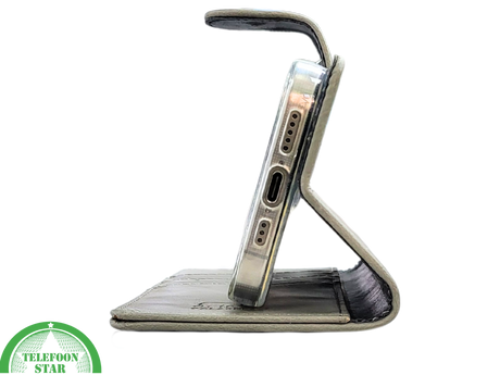 iPhone 15 Pro Hoesje Grijs &ndash; Elegant Bookcase met Pasjeshouder | Telefoonstar