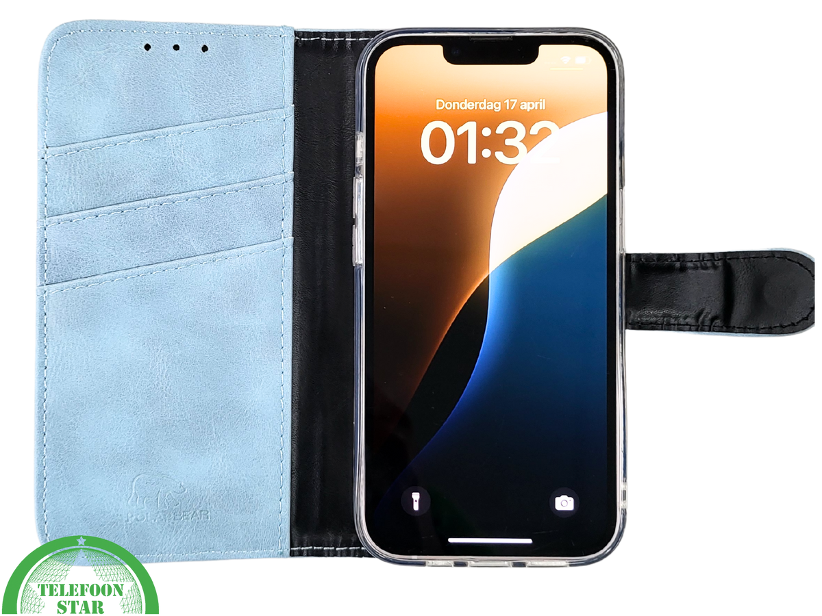 Lichtblauw Bookcase Hoesje iPhone 13 en 14 Met Sluitbandje en Pasjeshouder prijs goedkoop &euro;14,95