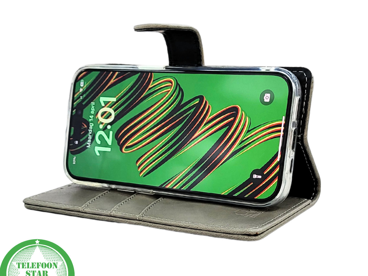 iPhone 15 Pro Max Hoesje Grijs &ndash; Elegant Bookcase met Pasjeshouder | Telefoonstar