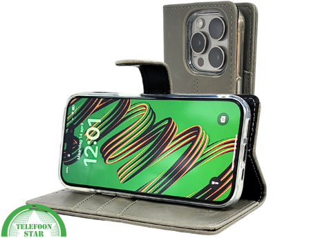 iPhone 15 Pro Hoesje Grijs &ndash; Elegant Bookcase met Pasjeshouder | Telefoonstar