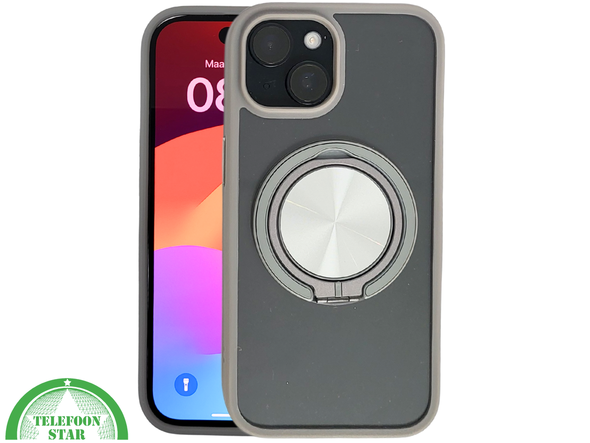 iPhone 15 Hoesje &ndash; Transparant Met Taupe Rand &amp; Zilveren Ringhouder | Elegant &amp; Functioneel