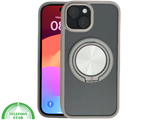 iPhone 15 Hoesje &ndash; Transparant Met Taupe Rand &amp; Zilveren Ringhouder | Elegant &amp; Functioneel