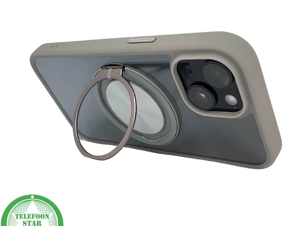 iPhone 15 Hoesje &ndash; Transparant Met Taupe Rand &amp; Zilveren Ringhouder | Elegant &amp; Functioneel