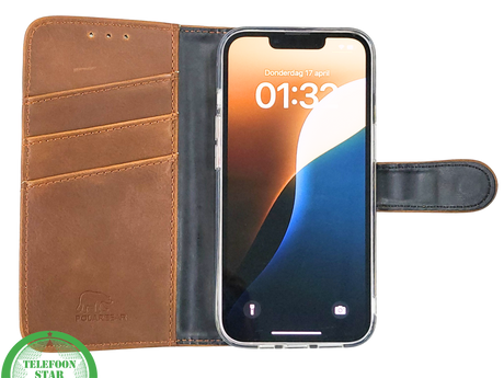Bruin Bookcase Hoesje iPhone 13 / 14 &ndash; Vintage Leren Look met Bandje | &euro;14,95