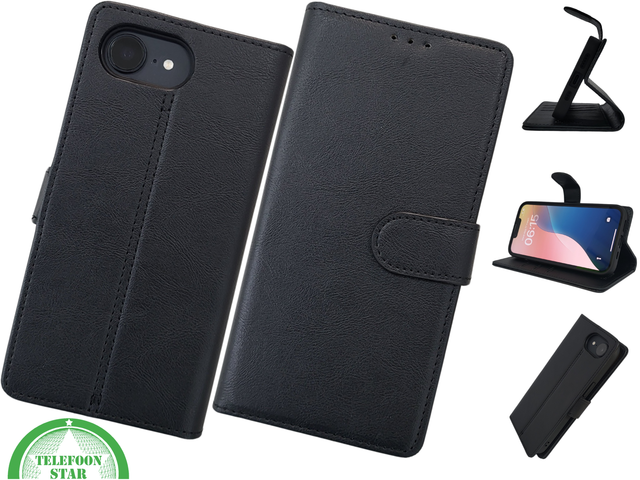 iPhone 17E Luxe Bookcase Hoesje Zwart &ndash; Wallet Case met Standfunctie