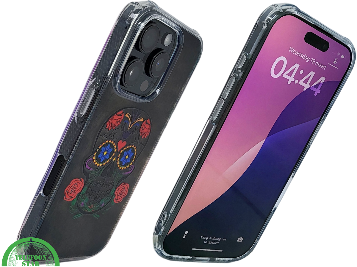 iPhone 16 Pro Hoesje met Skull Design &ndash; Elegante Achterkant Bescherming Telefoonhoesje Transparant &amp; Stevig
