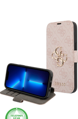 Hoesje voor iPhone 15 Bookcase – Luxe Roze Lederen Look met Goudkleurig Logo