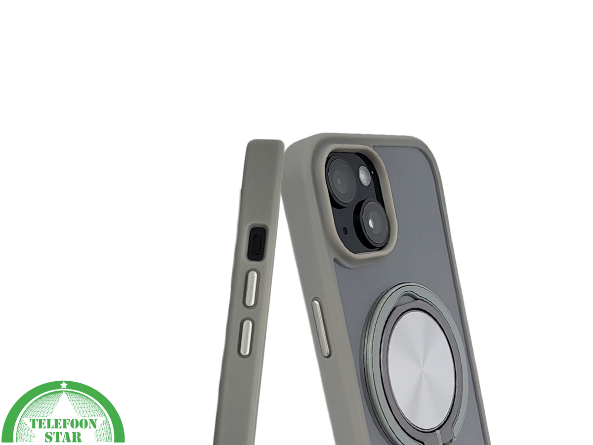iPhone 15 Hoesje &ndash; Transparant Met Taupe Rand &amp; Zilveren Ringhouder | Elegant &amp; Functioneel