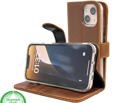 Bruin Bookcase Hoesje iPhone 13 / 14 &ndash; Vintage Leren Look met Bandje | &euro;14,95