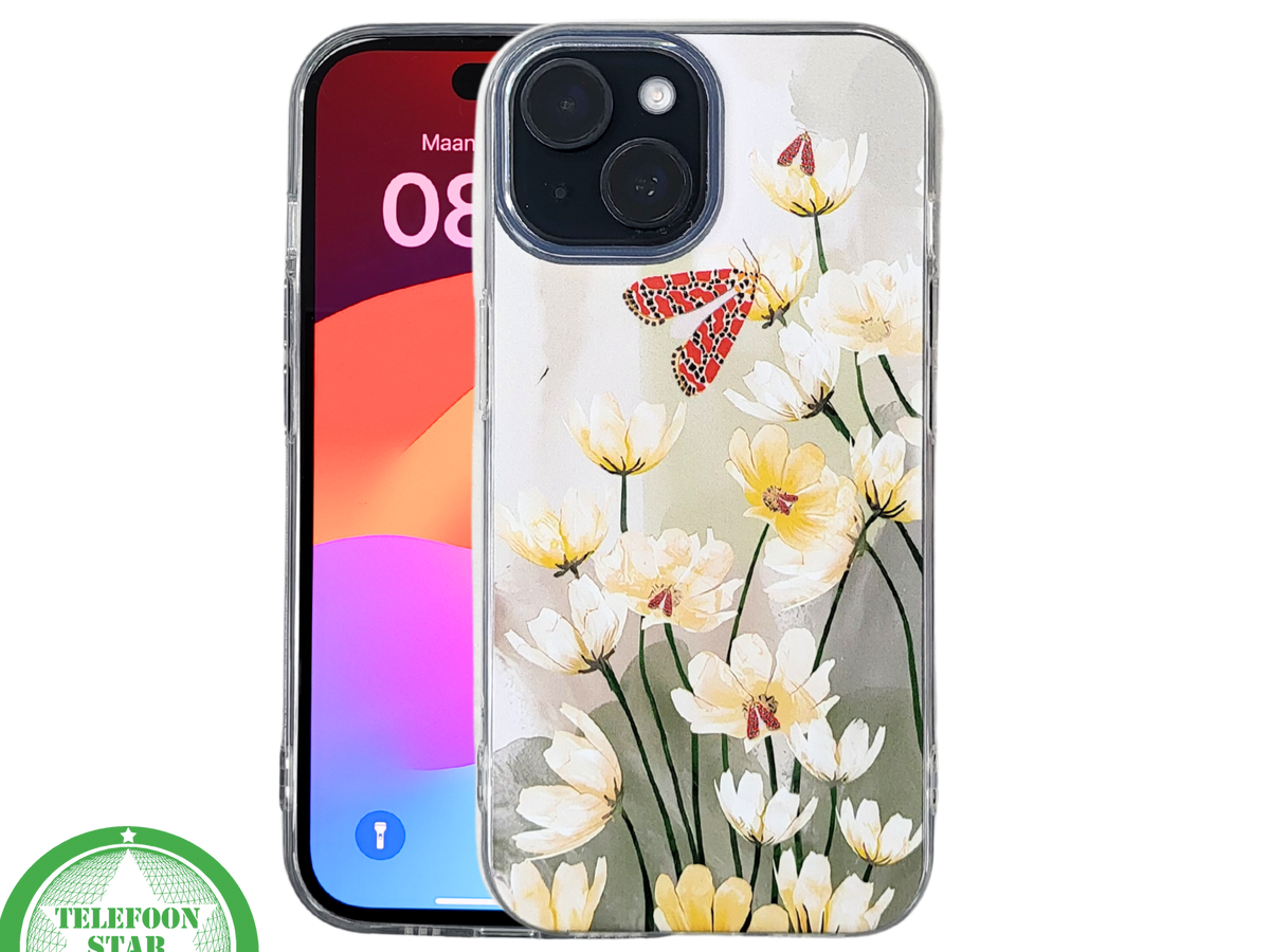 iPhone 15 Hoesje &ndash; Transparant Met Bloemen &amp; Vlinderprint | Elegant, Natuur &amp; Uniek