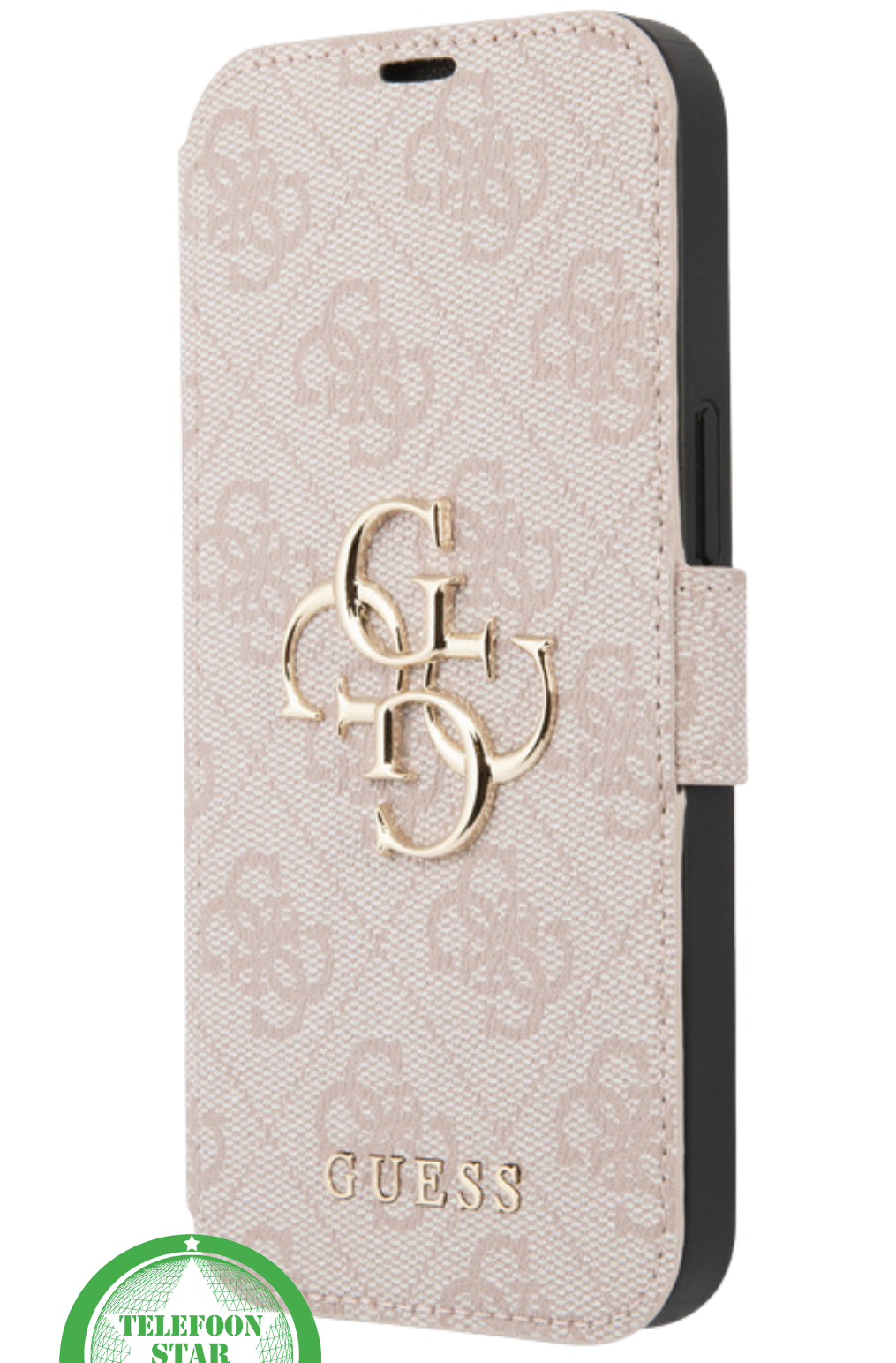 Hoesje voor iPhone 15 Bookcase &ndash; Luxe Roze Lederen Look met Goudkleurig Logo