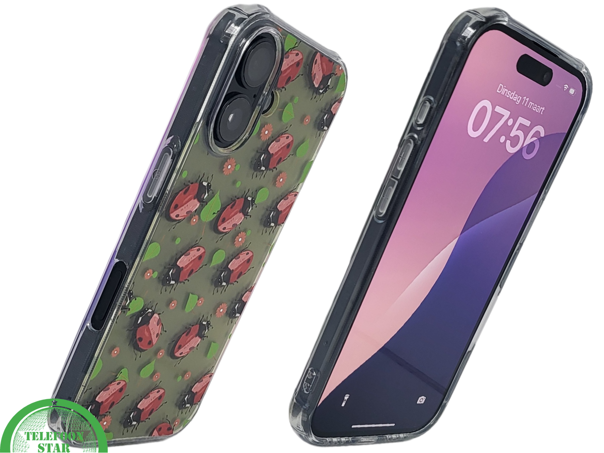 iPhone 16 hoesje transparant met lieveheersbeestjes print en schokbestendige bescherming