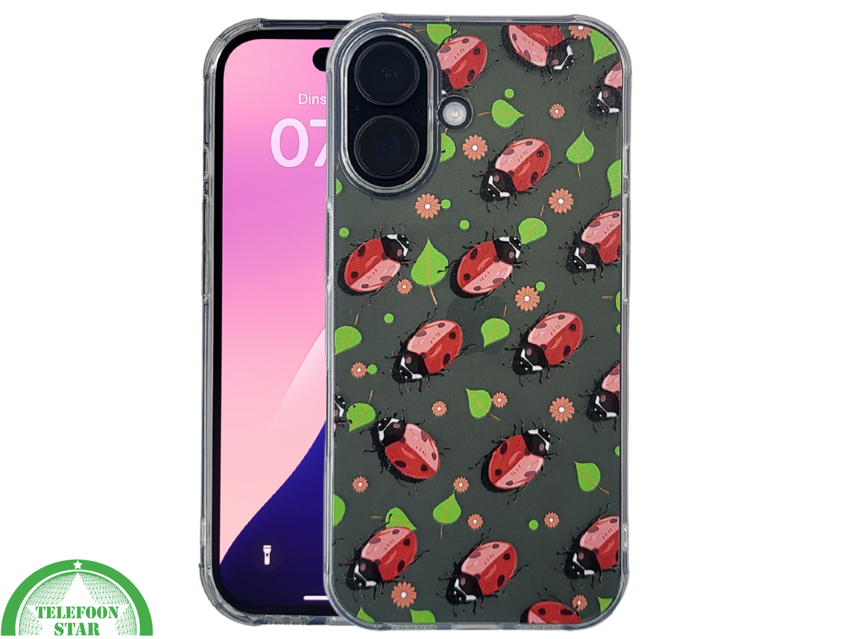iPhone 16 hoesje transparant met lieveheersbeestjes print en schokbestendige bescherming