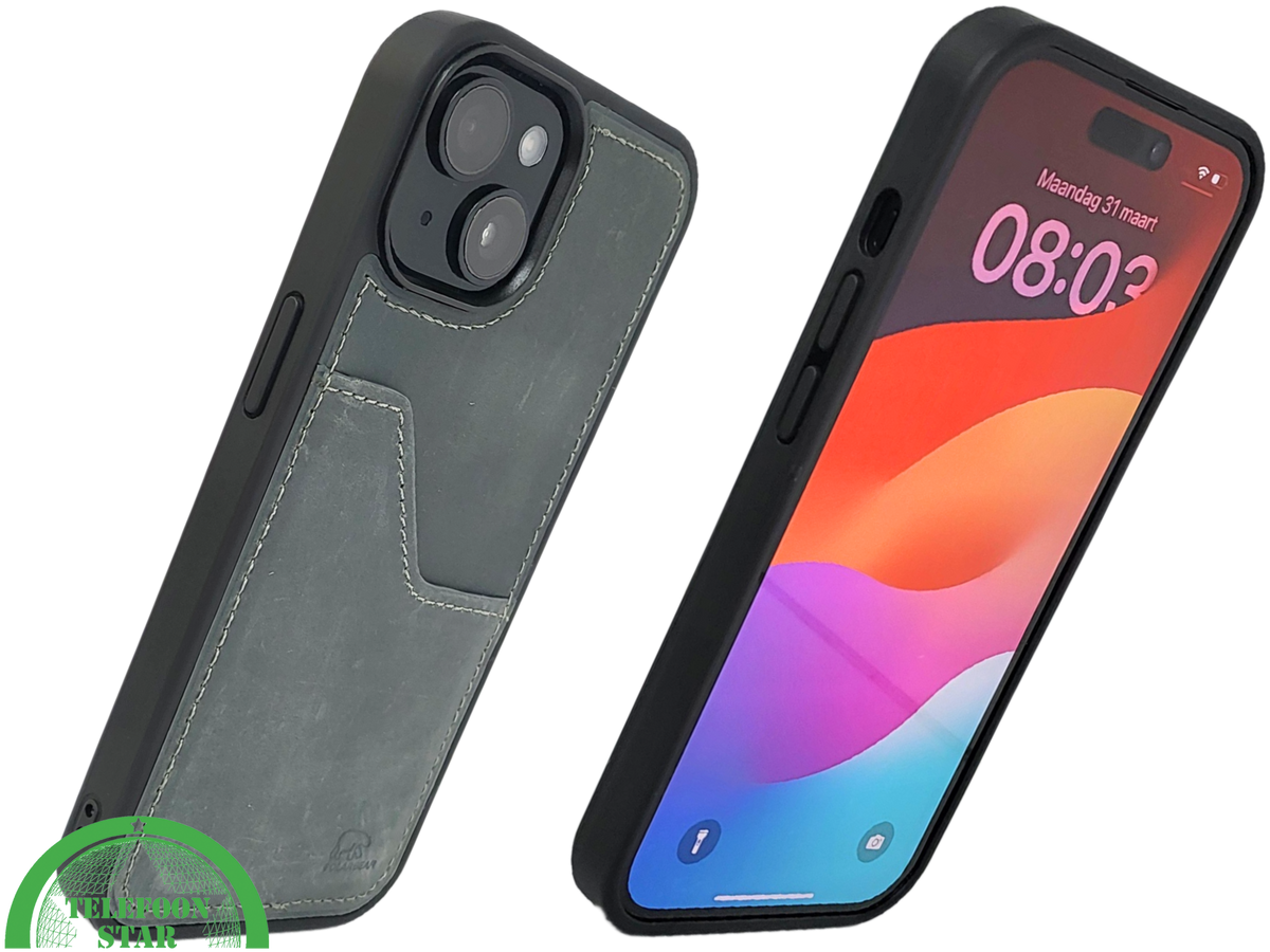 iPhone 15 Hoesje &ndash; Donkergroen Vintage Leerlook Met Kaarthouder | Stoer &amp; Praktisch