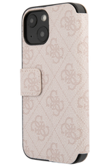Hoesje voor iPhone 15 Bookcase &ndash; Luxe Roze Lederen Look met Goudkleurig Logo