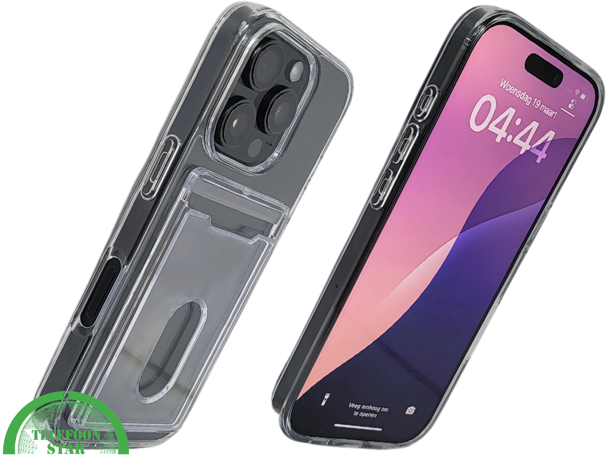 iPhone 16 Pro Transparant Hoesje met Opklapbare Kaarthouder &ndash; Stevige en Elegante Bescherming