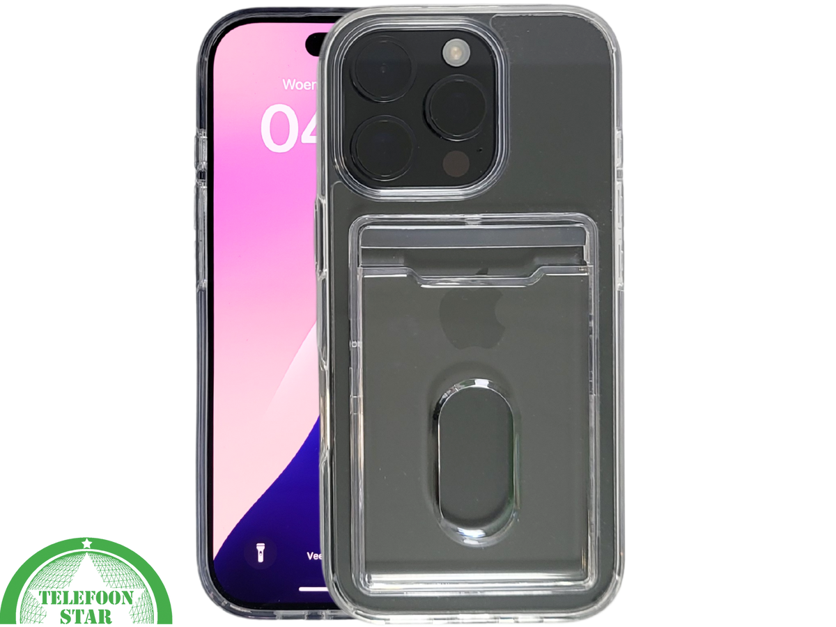 iPhone 16 Pro Max Transparant Hoesje met Opklapbare Kaarthouder &ndash; Stevige en Elegante Bescherming