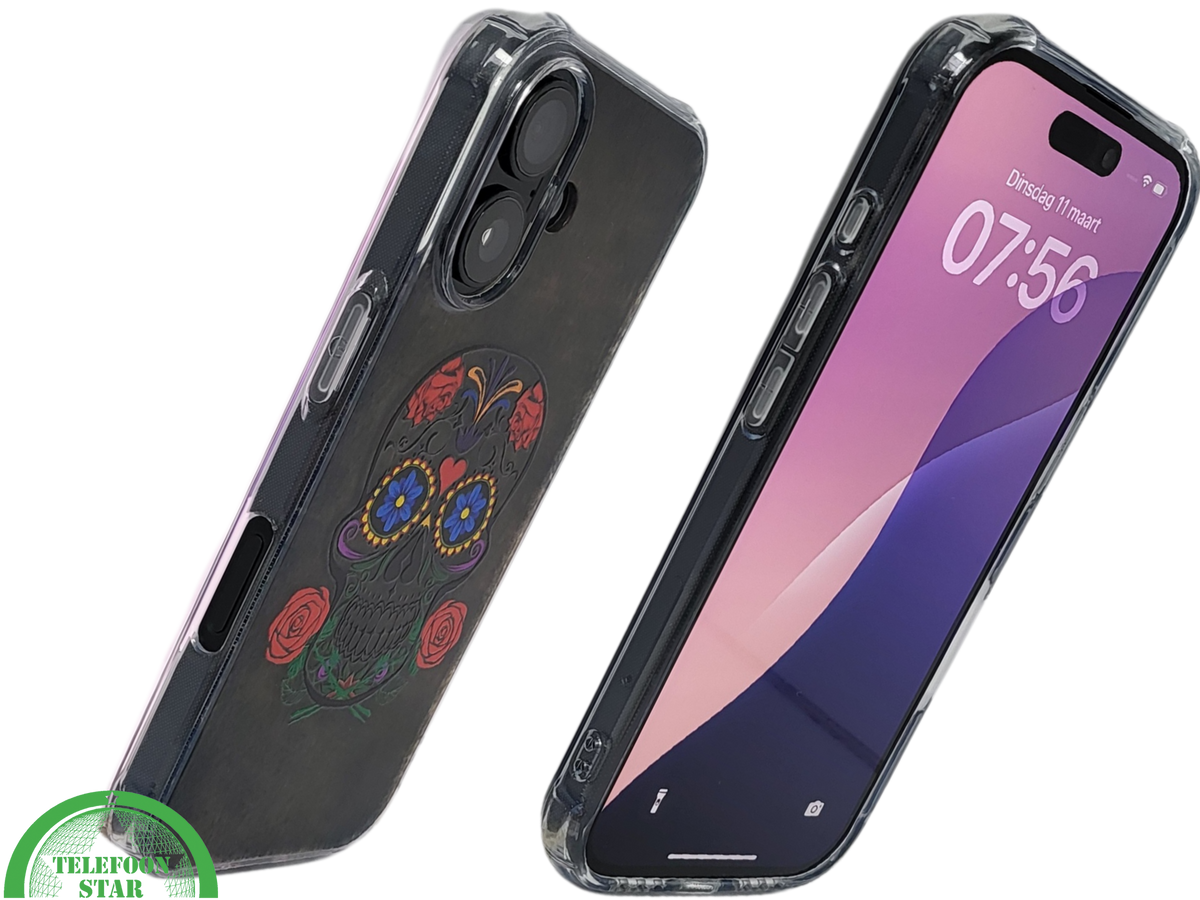 iPhone 16 hoesje transparant met kleurrijke skull print en extra bescherming