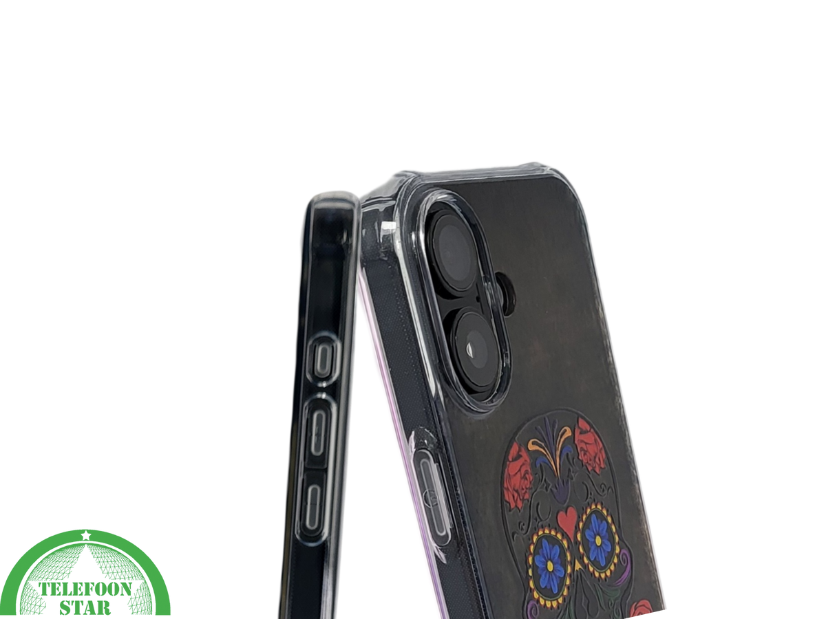 iPhone 16 hoesje transparant met kleurrijke skull print en extra bescherming