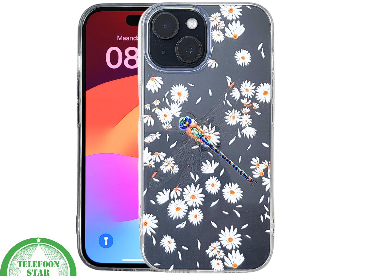 iPhone 15 Hoesje &ndash; Transparant Met Margrietjes en Papegaai | Fris, Kleurrijk &amp; Beschermend