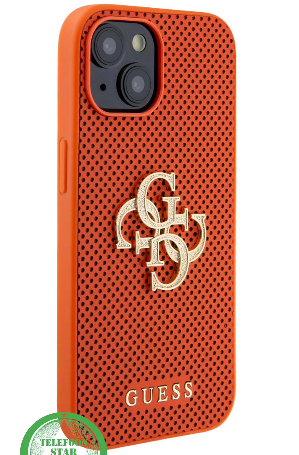 Hoesje voor iPhone 15 &ndash; Oranje Luxe Design met Goudkleurig Logo