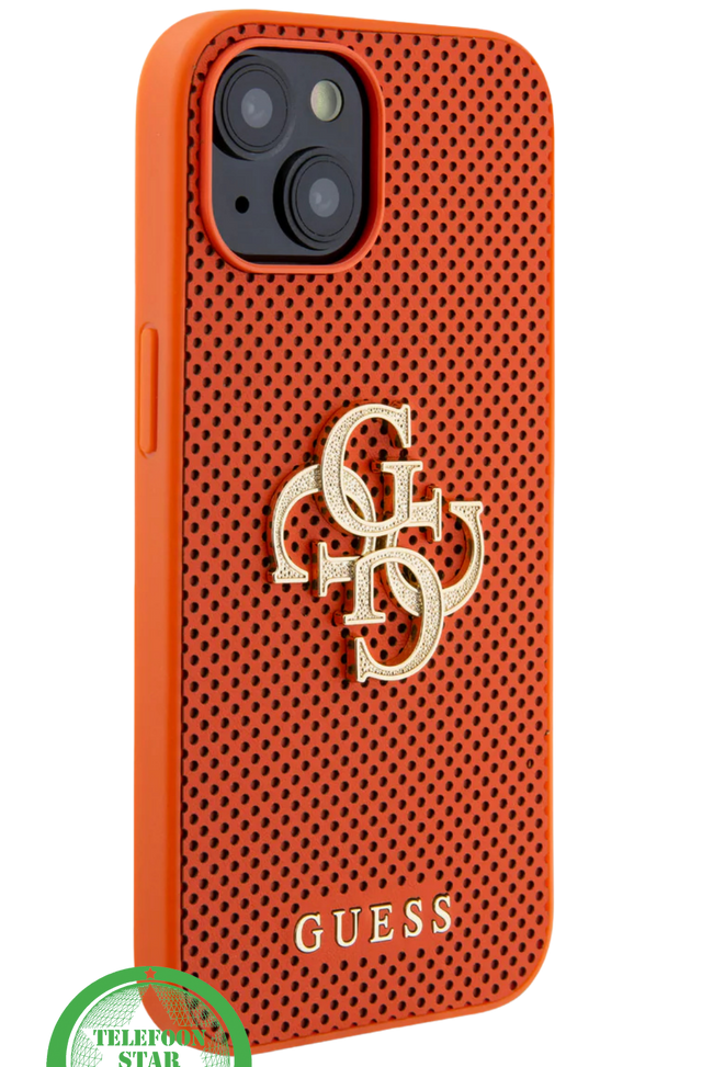 Hoesje voor iPhone 15 &ndash; Oranje Luxe Design met Goudkleurig Logo
