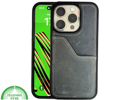 iPhone 15 Pro Max Hoesje met Kaarthouder &ndash; Vintage Lederlook Grijs | Telefoonstar.nl