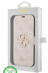 Hoesje voor iPhone 15 Bookcase &ndash; Luxe Roze Lederen Look met Goudkleurig Logo