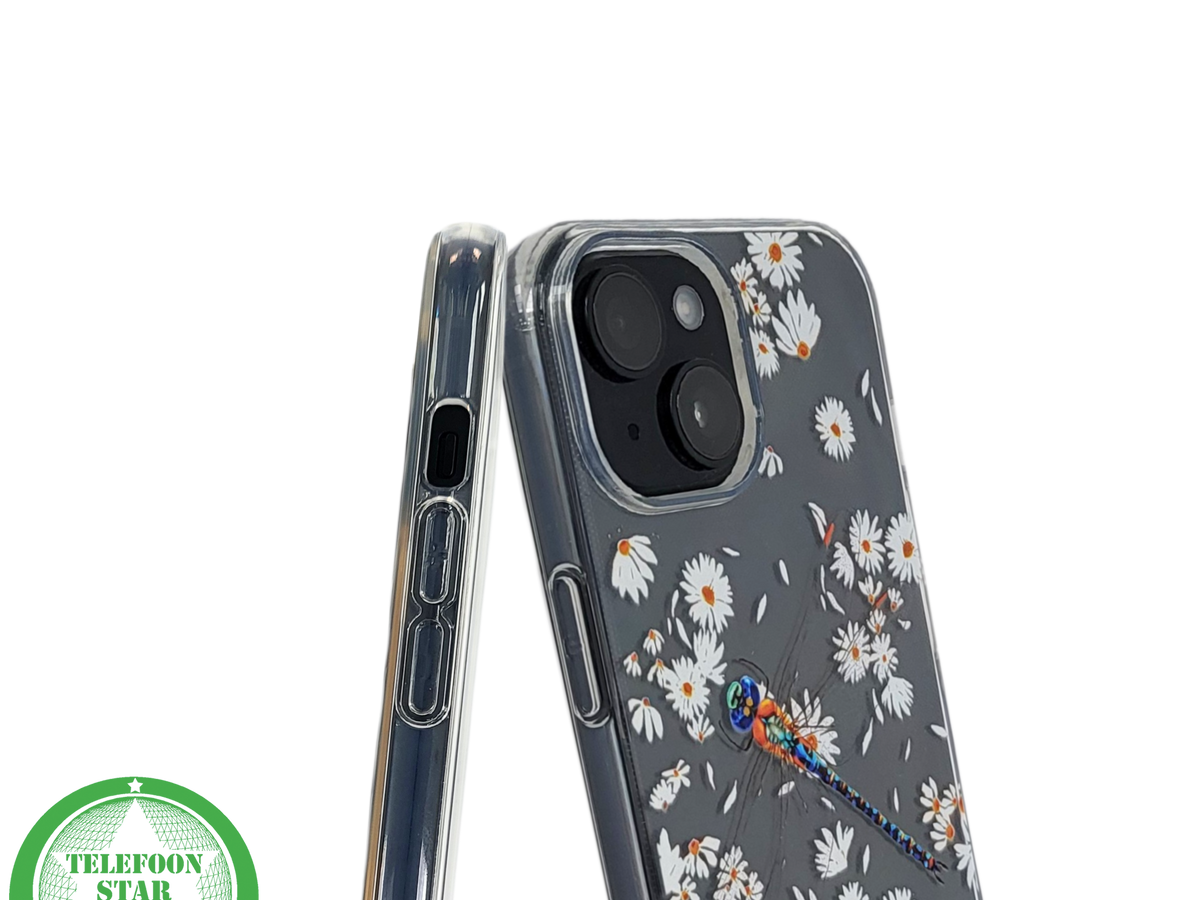 iPhone 15 Hoesje &ndash; Transparant Met Margrietjes en Papegaai | Fris, Kleurrijk &amp; Beschermend