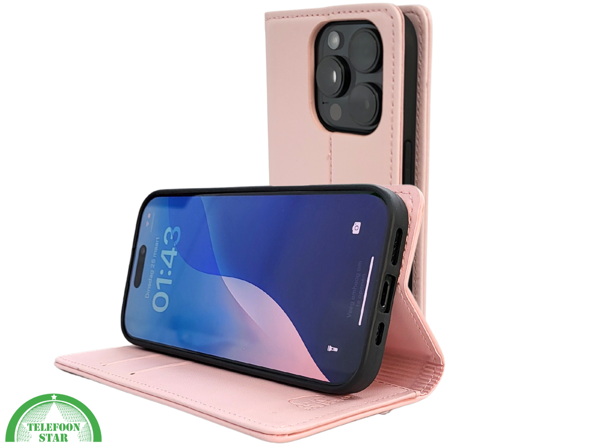 Bookcase Hoesje iPhone 16 Pro Roze &ndash; Elegante Wallet Case met Pasjeshouder