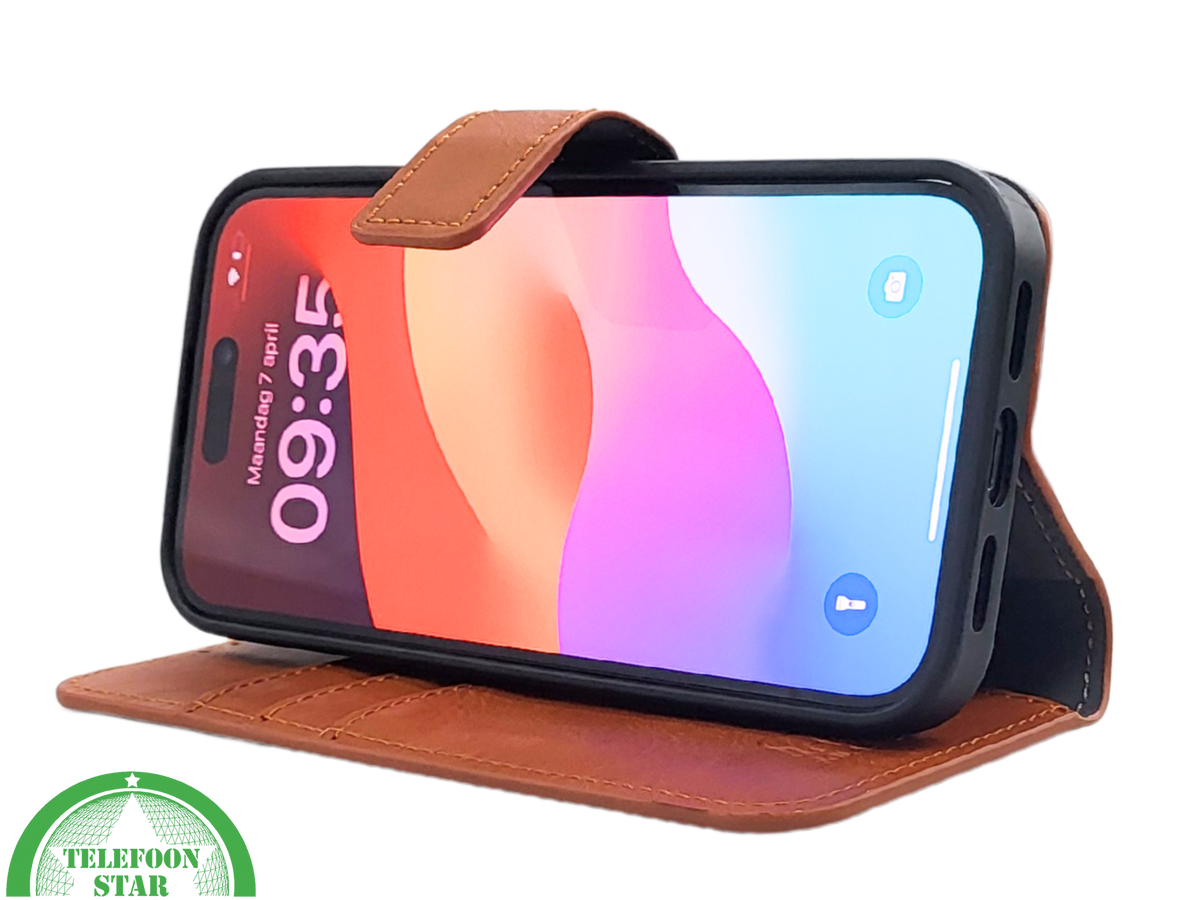 iPhone 15 2-in-1 Hoesje Bruin Leer &ndash; Bookcase met Uitneembare Backcover