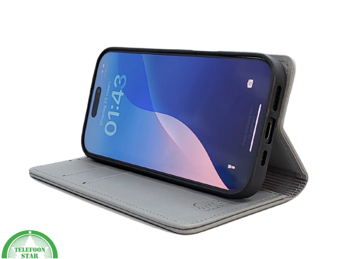 Bookcase Hoesje iPhone 16 Pro Grijs &ndash; Stijlvolle Bescherming met Pasjeshouder