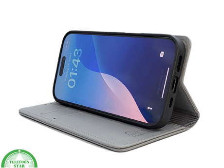 Bookcase Hoesje iPhone 16 Pro Grijs &ndash; Stijlvolle Bescherming met Pasjeshouder