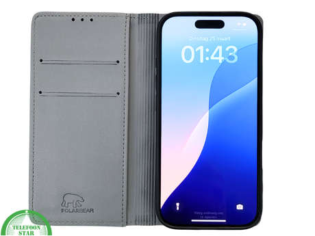 Bookcase Hoesje iPhone 16 Pro Grijs &ndash; Stijlvolle Bescherming met Pasjeshouder