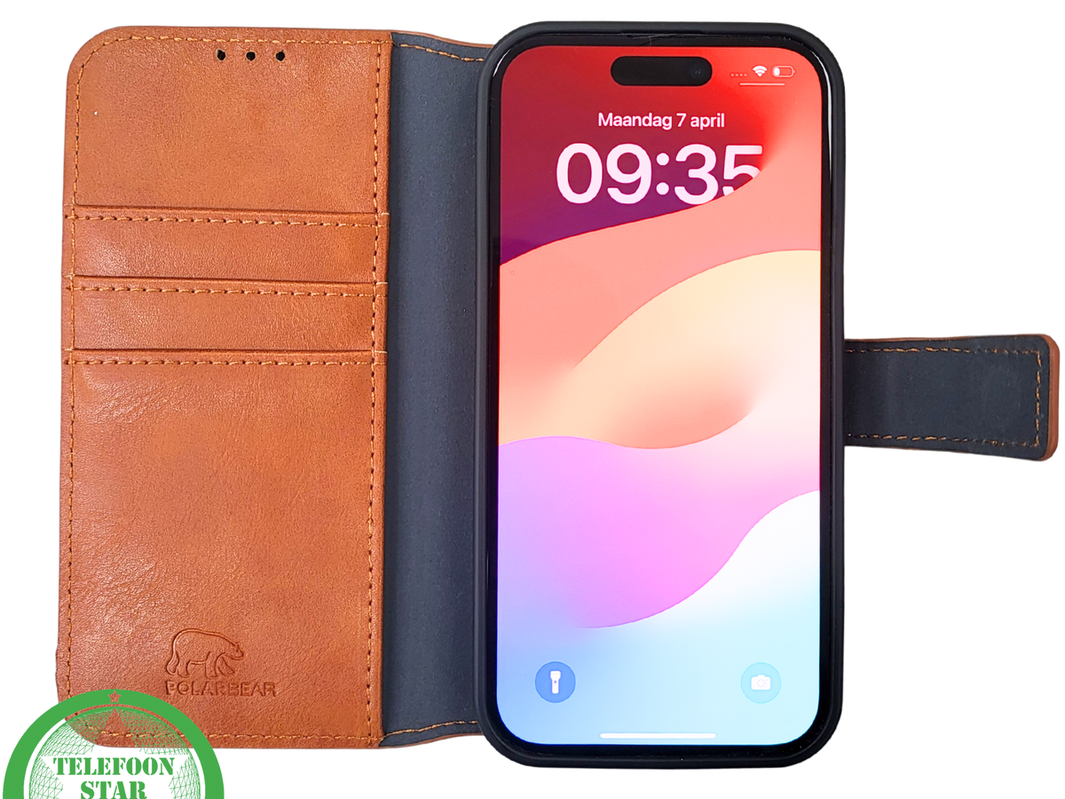iPhone 15 2-in-1 Hoesje Bruin Leer &ndash; Bookcase met Uitneembare Backcover
