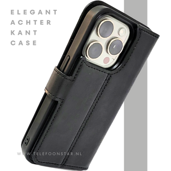 Zwart Bookcase Hoesje twee en een iPhone 15 Pro &ndash; Luxe PU-leer &amp; Kaarthouder | Telefoonstar.nl
