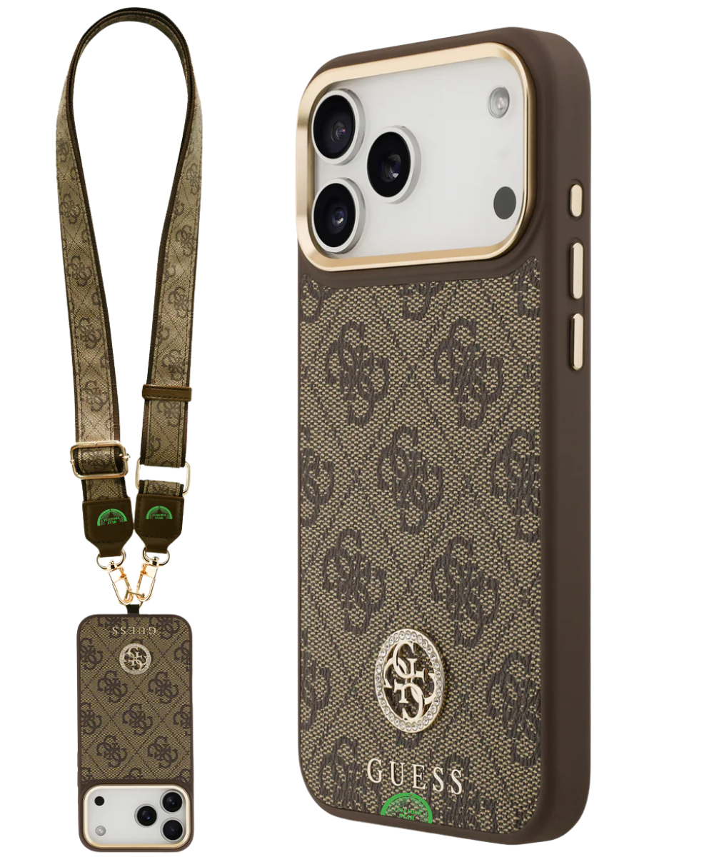 Hoesje voor iPhone 17 Pro Max Bruin Guess afneembare schouder- en polsband